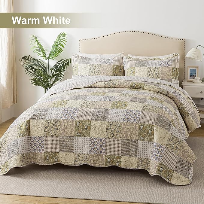 HoneiLife Queen Quilt Bedding Sets - Rustic Quilts 3-Piece 90x96, Microfiber Reversible Bedspreads Patchwork Coverlet Floral Bedding Set All Season Use