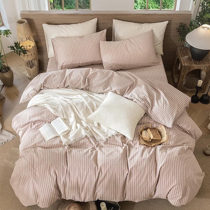 MooMee Striped Duvet Cover Set 100% Washed Cotton Linen Like Textured Breathable Durable Soft Comfy (Orange White Wide Stripes, Full 80"x90")