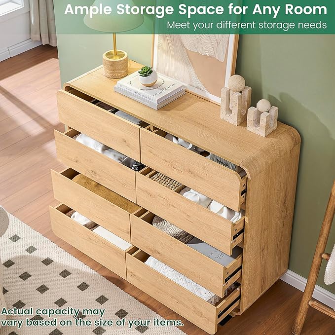 Chest of Dressers with 8 Drawers, 47’’ Wide Dresser with Anti-Tipping Device, Clothes Organizer for Bedroom, Natural Drawer Closet with Arc Design.