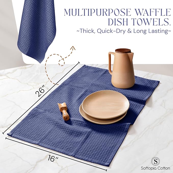 Waffle Weave Dish Towels 12 Pack, 16x26 Inches, Quick Dry Towels for Kitchen, Reusable, Absorbent Wash Cloths Set, Washable Fabric, Heavy Duty for Daily Use - Indigo Blue