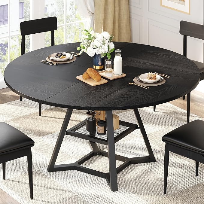 knoworld 51'' Round Dining Table, Kitchen Tables Dining Room Circle Dinner Table with Pedestal Metal Frame, Space Saving Wood Industrial Kitchen & Dining Room Tables, Black 51In