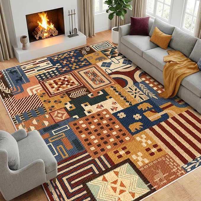 8x10 Southwestern Patchwork Large Area Rug, Geometric Tribal Colorful Rugs for Living Room, Non-Slip Stain Resistant Washable Indoor Carpet for Bedroom, Entryway, Dining Room, Home Office Decor