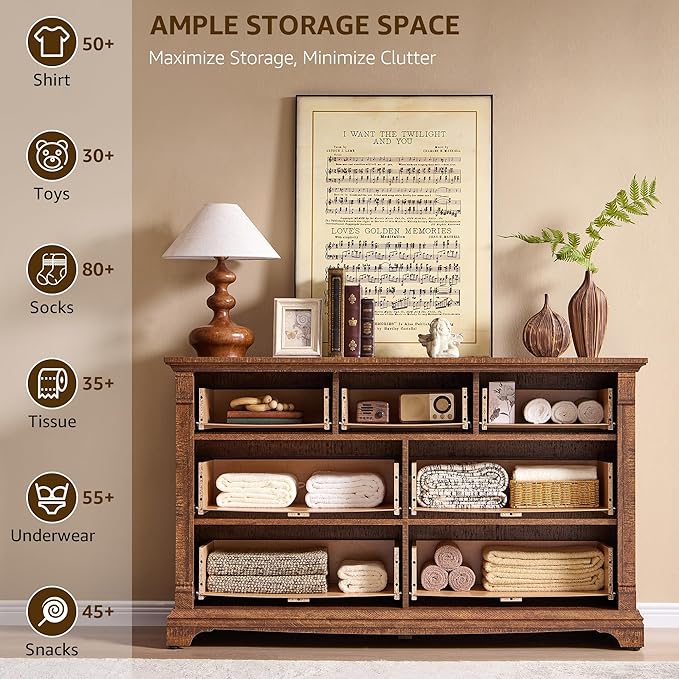 T4TREAM Farmhouse 7 Drawers Dresser for Bedroom, 54" Wide Wood Rustic Chest of Drawers w/Roman Column, Wooden Storage Dressers Organizer for Bedroom, Living Room, Closet, Reclaimed Barnwood