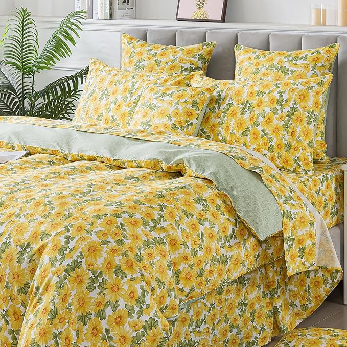 FADFAY Sunflower College Duvet Cover Set Vintage Yellow Daisy Floral Bedding Shabby Botanical Dorm Room Comforter Cover Set 100% Cotton Soft Quilt Cover with Hidden Zipper Closure 3Pcs, Twin XL Size