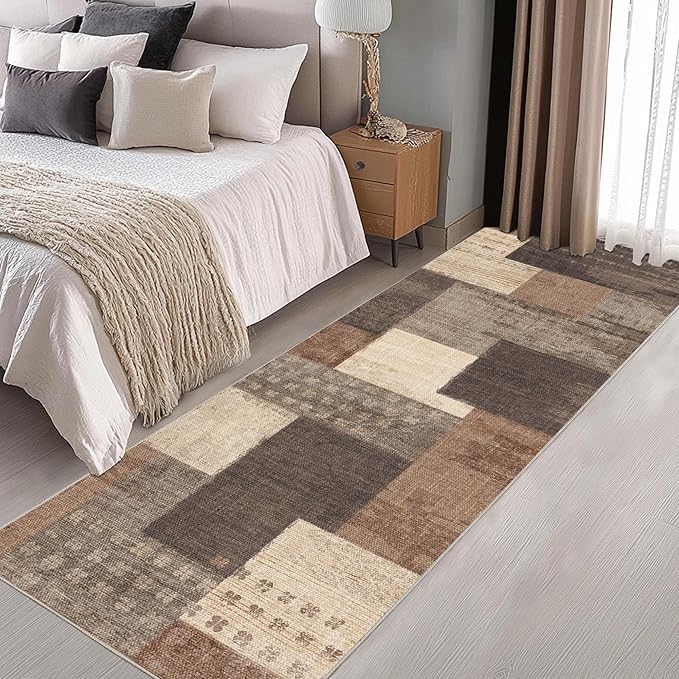 Modern Geometric Patchwork Indoor Runner Rug for Living Room, Beige 2.7'x 10' Large Rug Rockwood Collection Hardwood Floors Decor for Bedroom, Beige Throw Carpet for Office Entryway Dining Room