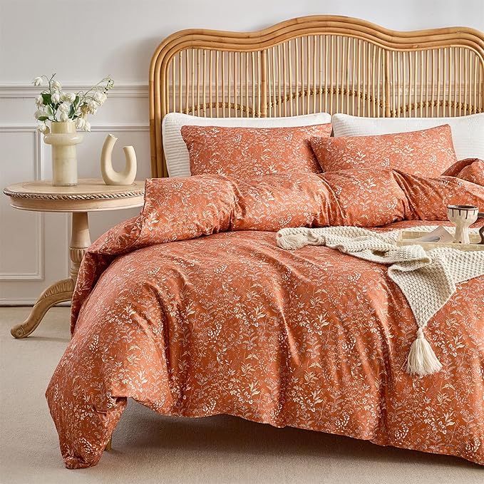 mixinni 3 Pieces Duvet Covers King Size, 100% Cotton Comforter Cover Wildflower Printed on Pumpkin Floral Bedding Set with Zipper Closure 4 Ties (1 Duvet Cover 104"x90", 2 Pillow Cases 20"x36")