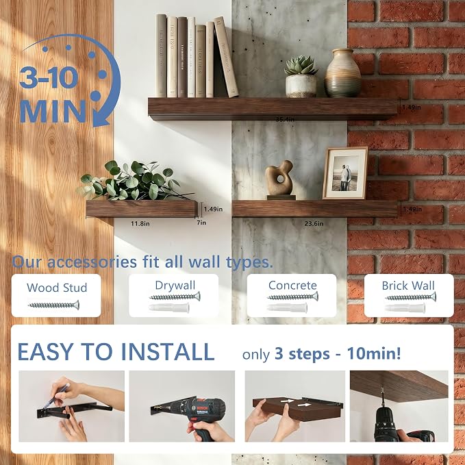 Floating Shelves for Wall, Bathroom Shelves Over Toilet, Wall Shelves & Book Shelf, Hanging Shelf, Modern Wooden Wall-Mounted Small Floating Shelves, 12x7x1.5 in (Walnut-Like, Set of 2)