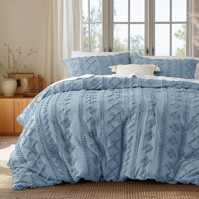 Bedsure Boho Duvet Cover Queen Size, Soft & Comfortable Elegant Design Boho Bedding for Decoration, Machine Washable Comforter Cover for All Seasons,Includes 1 Duvet Cover & 2 Pillow Shams,Dusty Blue