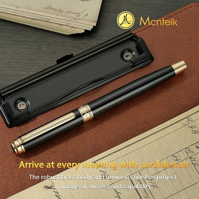 MCNTEIK 317 Fountain Pen,Stunning Luxury Black Piano Lacquer,18K Gilded Nib(Fine),Gorgeous 24K Gold Finish, Ink Converter,Fancy Gift for Men&Women-Elegant,Executive,Office,Nice Pens for Writing