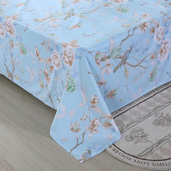 RYNGHIPY Egyptian Cotton Bed Sheet Set Blue Bird Botanical Pattern Bed Sheets Deep Pocket Fitted Sheet Tree Branches Print Bedding Soft Breathable (Light Blue,Full Size)
