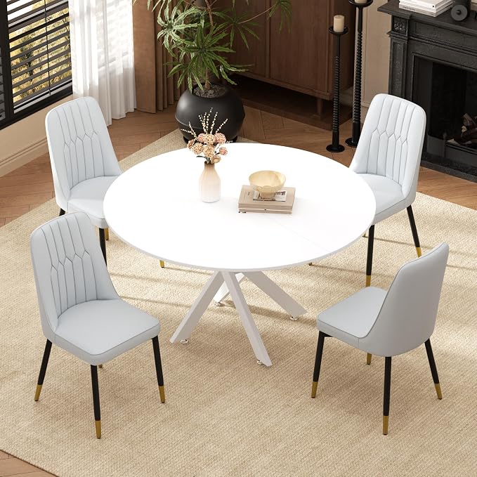 RGZ Mid Century White Round Dining Table Set for 4, 47" Large Wooden Circle Kitchen Table & 4 Light Gray PU Leather Kitchen Chairs, Dinner Table Set for Home, Apartment, Dining Room