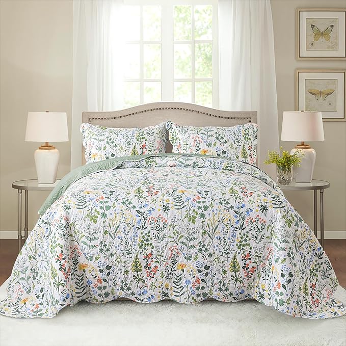 HoneiLife Floral Quilt King Size - 3 Pieces Microfiber Quilt Sets Lightweight Bedspreads Wildflower Coverlets Retro Bed Cover King Quilt Bedding Set All Season Quilts