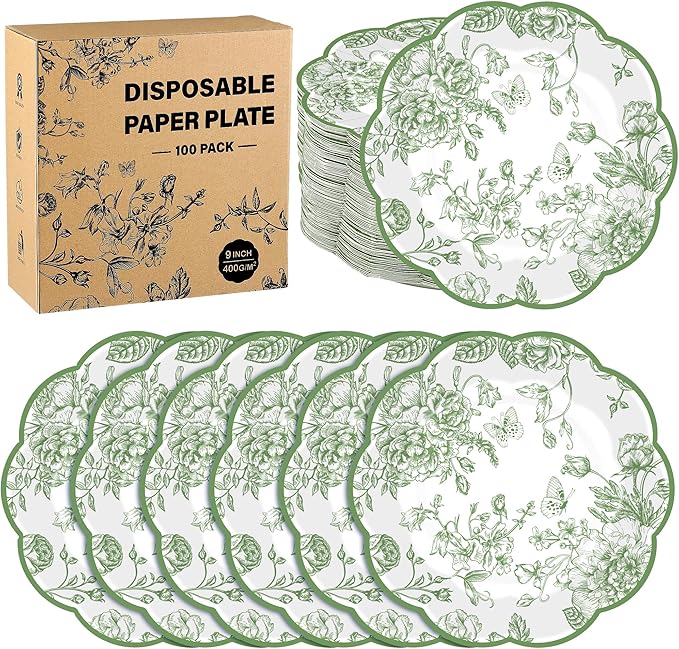 100 Pieces Sage Green Floral Paper Plates 9 Inches Disposable Green Flower Scalloped Plates Vintage Floral Dinner Dessert Decorative Plate for Wedding Baby Shower Birthday Party Supplies