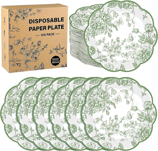 100 Pieces Sage Green Floral Paper Plates 9 Inches Disposable Green Flower Scalloped Plates Vintage Floral Dinner Dessert Decorative Plate for Wedding Baby Shower Birthday Party Supplies