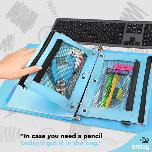 Enday Blue Pencil Pouch - Zippered 3 Ring Binder Case for School, Home & Office | Large Size