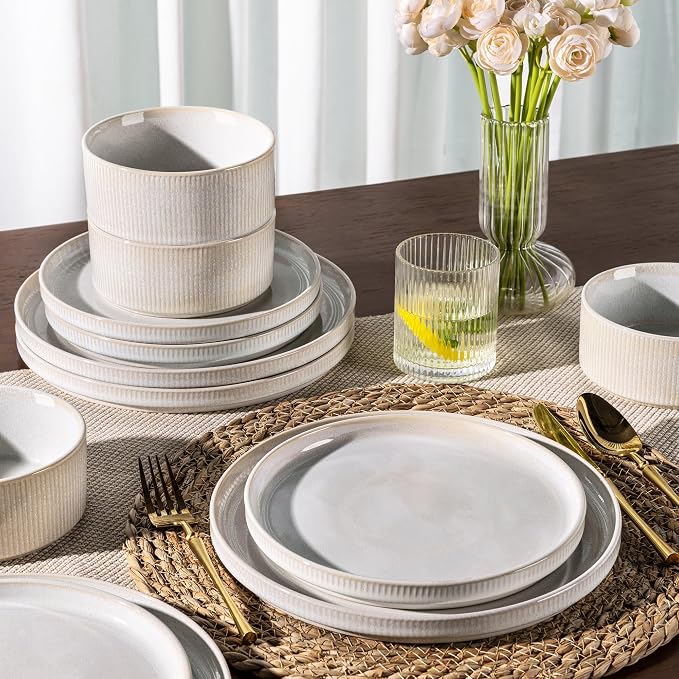 GBHOME 24-Piece Stoneware Dinnerware Set for 8 – Ribbed Ceramic Plates and Bowls, Scratch-Resistant, Microwave & Dishwasher Safe, Reactive Glaze, Sugar White