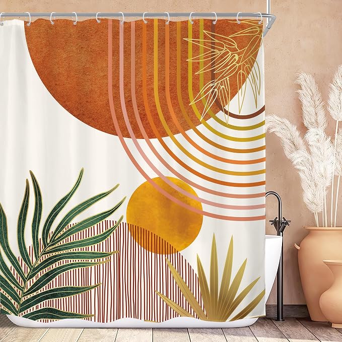 KOMLLEX Mid Century Orange Boho Shower Curtain for Bathroom Decor 72Wx78H Inches Abstract Retro Gold Modern Contemporary Bohemian Arch Simple Plant Fabric Waterproof Polyester 12 Pack Hooks Pack Hooks