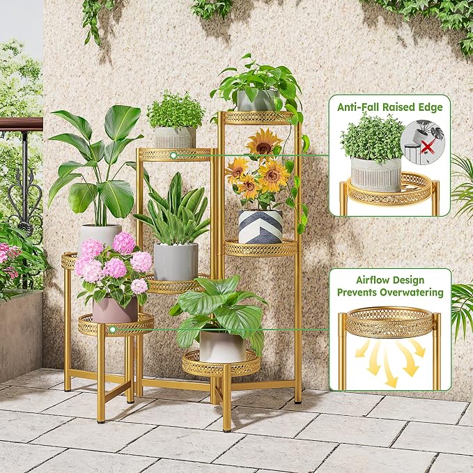7 Tiered Metal Corner Plant Stand Indoor Outdoor, Tall Large Folding Rack with Rust Proof 10 Inch Wide Tray, Heavy Duty Flower Shelf for Multiple Plants for Patio - GoldWave