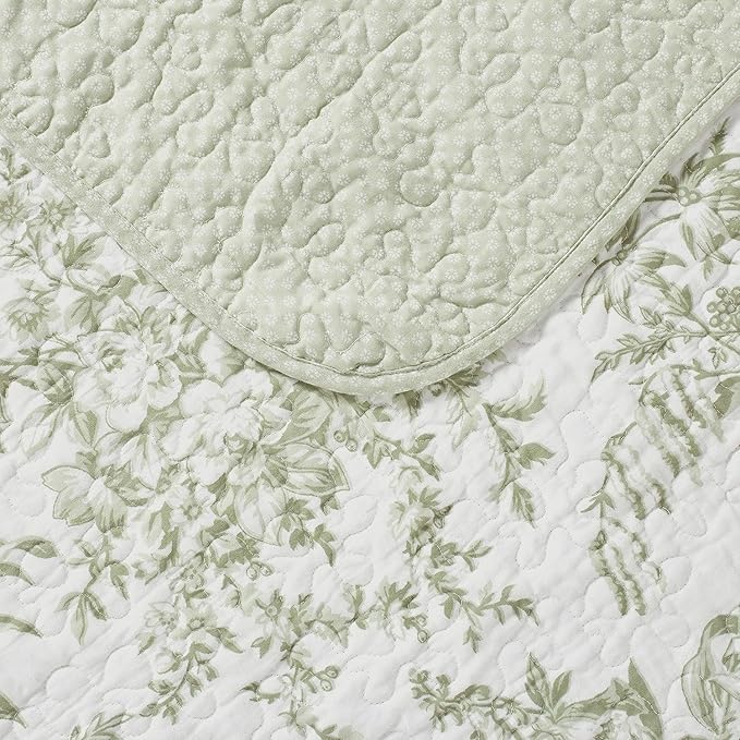 Laura Ashley - Twin Quilt Set, Reversible Cotton Bedding with Matching Sham, Lightweight Home Decor for All Seasons (Bedford Green/Off-White, Twin)