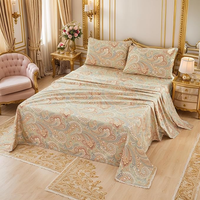 Brandream Paisley Bedding Gold Classy Regal Themed Boho Bed Sheet Set Luxury Bedding Collections 800 Thread Count 100% Egyptian Cotton Deep Pocket, 4 Piece-King Size