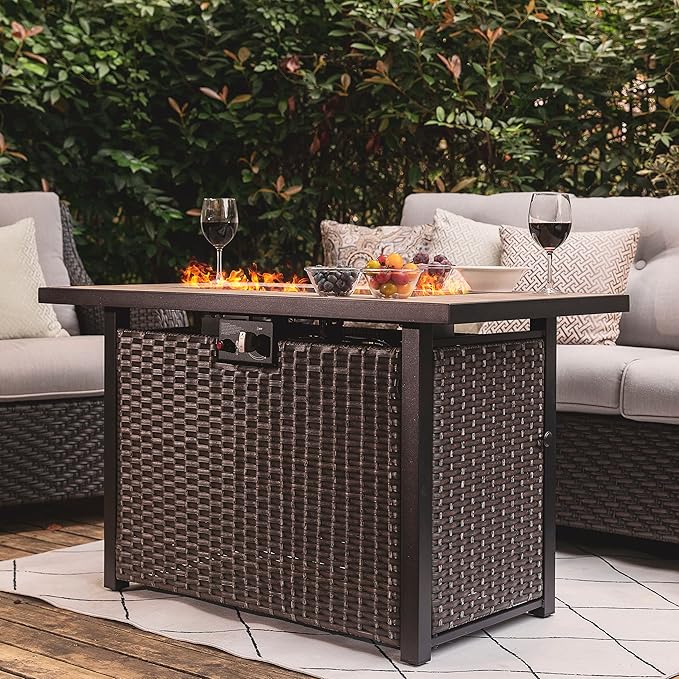 Nuu Garden Propane Fire Pit Table, CSA Certified 43 Inch 50,000 BTU Outdoor Gas Fire Pit Table with Ceramic Tabletop, 7 lbs Glass Stone and Oxford Cover, Dark Brown and Coffee