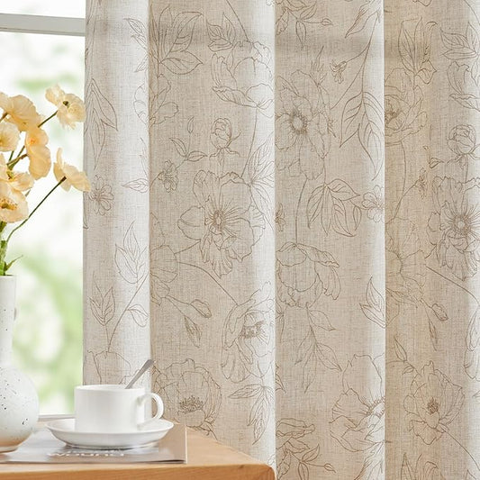 jinchan Floral Linen Curtains for Living Room 63 Inch Length Taupe Flower Curtain Rod Pocket Back Tab Farmhouse Curtains with Printed Floral Bedroom Window Curtain Set, 2 Panels Taupe