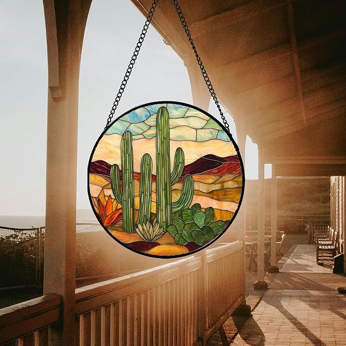 Stained Glass Window Hanging, Green Cactus Sun Catcher for Door Terrace Garden Home Decor, Abstract Desert Landscape Suncatcher Birthday Gifts for Lovers Women Men Dad Mom Nana 7.8 in