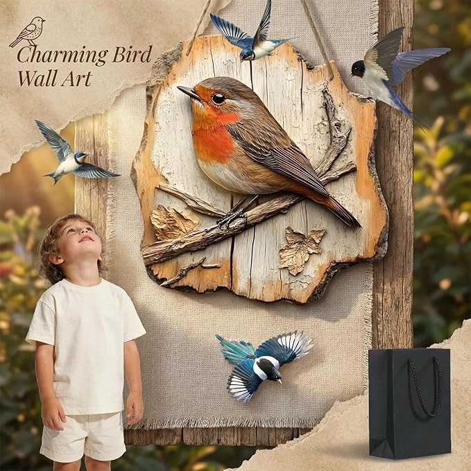 Cumuul Handmade Boxwood Bird Wall Hanging - Vintage 2D Bird Wooden Signage, Rustic Farmhouse Robin Bird Wall Decor, Wood Texture, Indoor Outdoor Garden Decoration (#4)