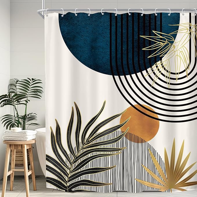 KOMLLEX Mid Century Blue Boho Shower Curtain 72Wx84L Inches Abstract Modern Blue Shower Curtains for Bathroom Decor Plant Botanical Minimalist Arch Sun Fabric Liner Waterproof Polyester 12 Pack Hooks