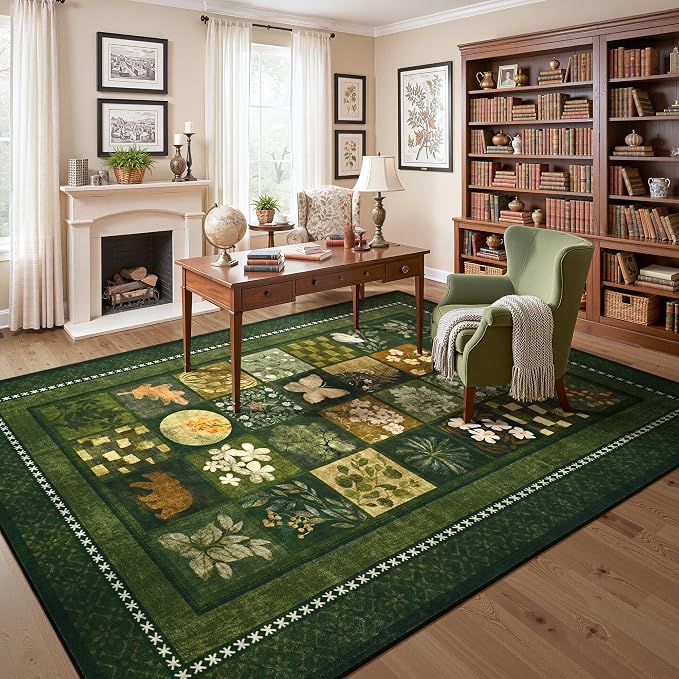 Tepook 4x6 Area Rugs for Living Room, Modern Large Geometric Rug for Bedroom, Washable Patchwork Rug Indoor Non Slip Throw Carpets for Dining Room Office Farmhouse Home Decor, Dark Green