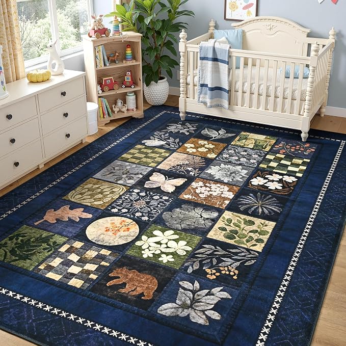Tepook 8x10 Area Rugs for Living Room, Modern Large Geometric Rug for Bedroom, Washable Patchwork Rug Indoor Non Slip Throw Carpets for Dining Room Office Farmhouse Home Decor, Navy Blue