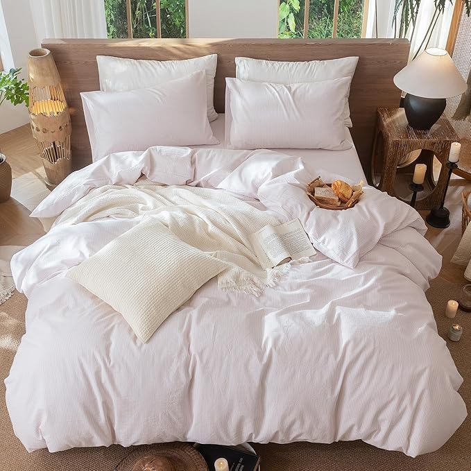 MooMee Striped Duvet Cover Set 100% Washed Cotton Linen Like Textured Breathable Durable Soft Comfy (Heathered Greyish Pink Pinstripes, Palatial King/Oversized King 120"x98")