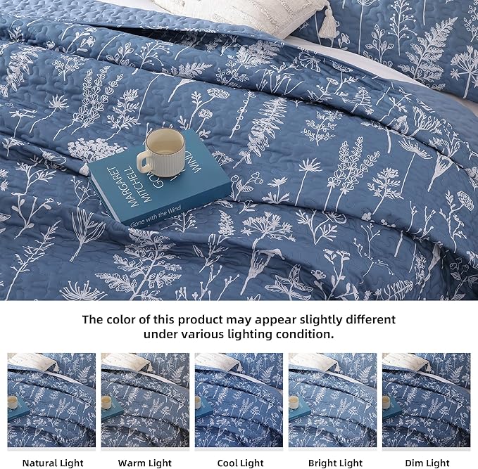 JANZAA Quilts Queen Size Infinity Blue Floral Queen Quilt Bedding Set Microfiber Boho Bedspread Lightweight Reversible Coverlet with 2 Pillowcases