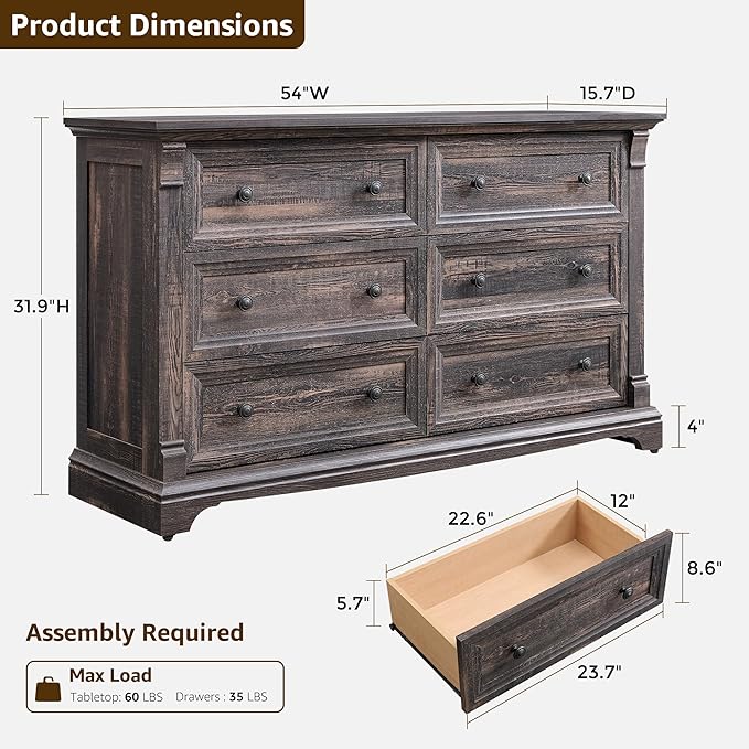 Farmhouse 6 Drawers Dresser for Bedroom, 54" Wide Large Dressers & Chests of Drawers w/Roman Column, Wooden Dresser TV Stand with Large Drawers for Nursery Bedroom Living Room Hallway,Dark Rustic Oak