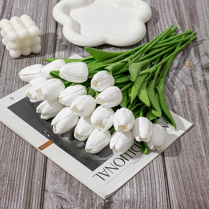 KAOYOO 18PCS Artificial Tulip Flowers Bouquet - Faux Latex Tulips for Home Decor,Office Desk,Kitchen Table,Wedding Centerpiece,Party,Spring Decoration(White,18 Pack)