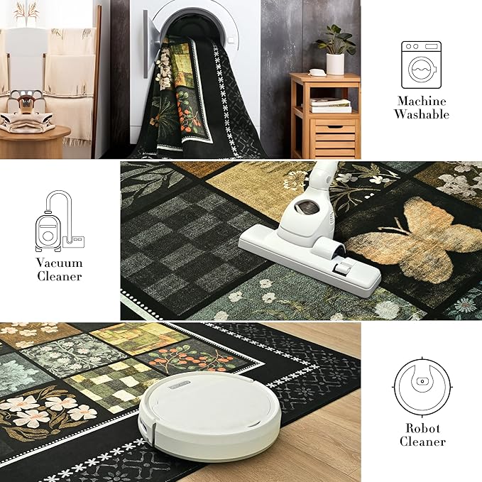 Tepook 4x6 Area Rugs for Living Room, Modern Large Geometric Rug for Bedroom, Washable Patchwork Rug Indoor Non Slip Throw Carpets for Dining Room Office Farmhouse Home Decor, Black