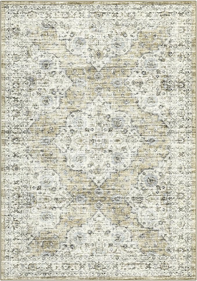 Washable 5x7 Area Rug Boho Vintage Soft Living Room Rug Non-Slip Dining Room Floor Carpet Low Pile Non Shedding Boho Accent Rug Oriental Indoor Carpet for Bedroom Home Decor Office, Brown Yellow