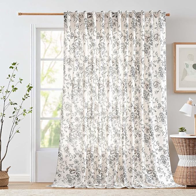 jinchan Linen Floral Curtains 100 Inch Extra Wide for Patio Sliding Glass Door Room Divider Curtain for Living Room 108 Inch Length Farmhouse Peony Black Printed Curtain Set 1 Panel