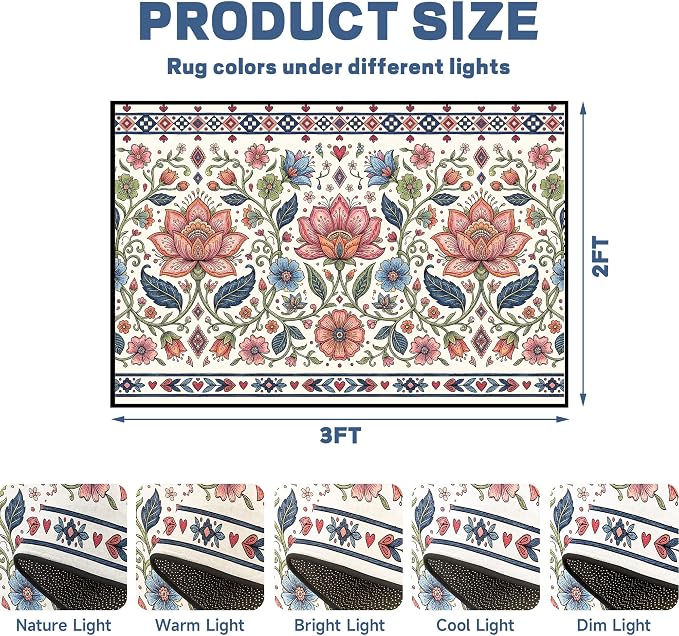 2'x3' Boho Floral Area Rug Vintage Colorful Botanical Carpet Non-Slip Washable Rugs for Entryway Bedroom Living Room Nursery Kitchen Playroom Home Decor