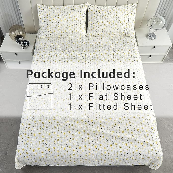 Softan Yellow Floral Bed Sheets Full Flower Printed Sheets - Patterned Microfiber Fitted Sheets Full with 15" Deep Pocket & Non-Slip Straps, Cute Flower Sheets & Pillowcase Set