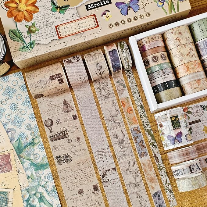 Bomichi 32 Rolls Vintage Washi Tape, Aesthetic Colored Decorative Cute Scrapbook Tape for Scrapbooking Supplies Journaling Craft Junk Journal