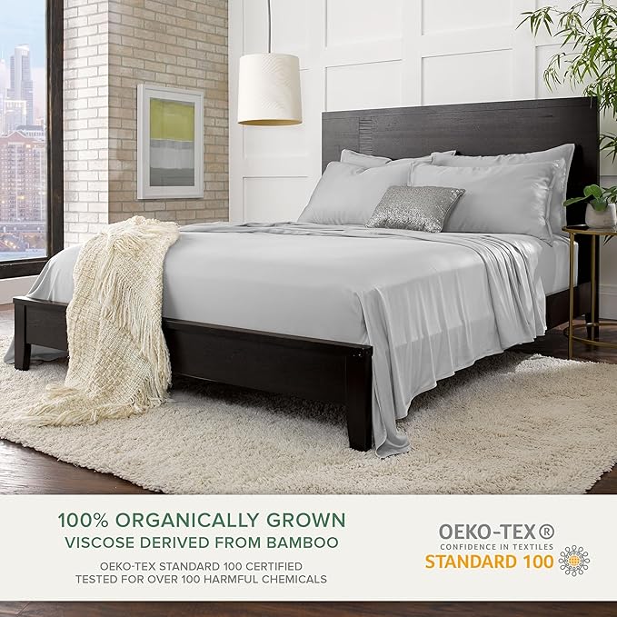 Pure Bamboo King Sheets, Genuine 100% Organic Viscose Derived from Bamboo Bed Sheet Set, Luxuriously Soft & Cooling, Double Stitching, 2 Year Quality Promise (King, Silver Pearl)