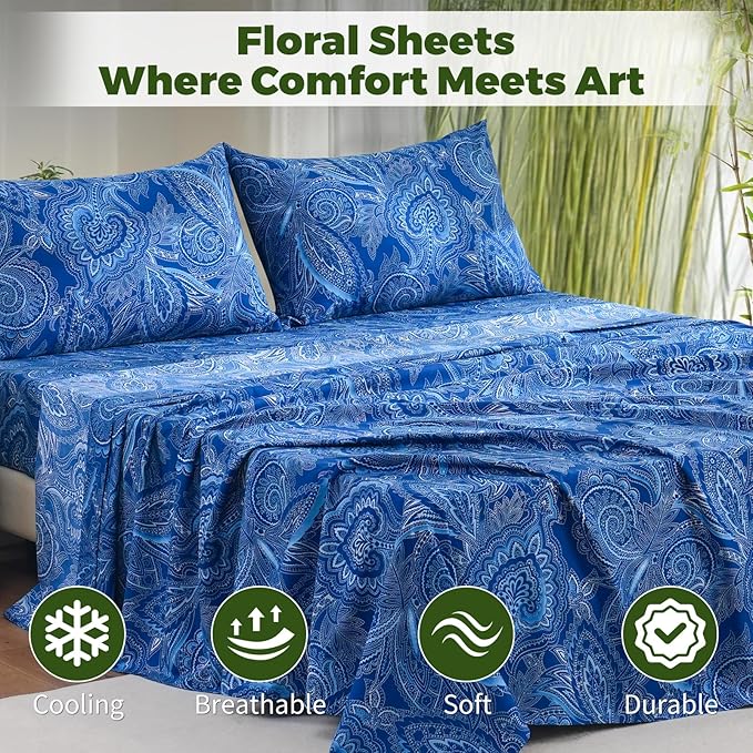 Bedlifes Queen Floral 4-Piece Sheet Set - Cooling Sheets Blend Rayon Derived from Bamboo,Soft & Breathable, Deep Pocket 16", Wrinkle Resistant - Paisley Dark Navy Blue
