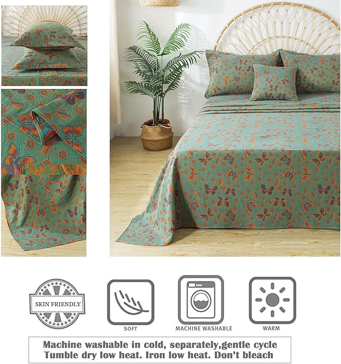 FADFAY Butterfly Sheets Set King Vintage Green Red Floral Bedding Shabby Farmhouse Bedding Super Soft Washed Double -Layer Muslin Sheets 100% Cotton Deep Pocket Fitted Sheet 4Pcs, King Size