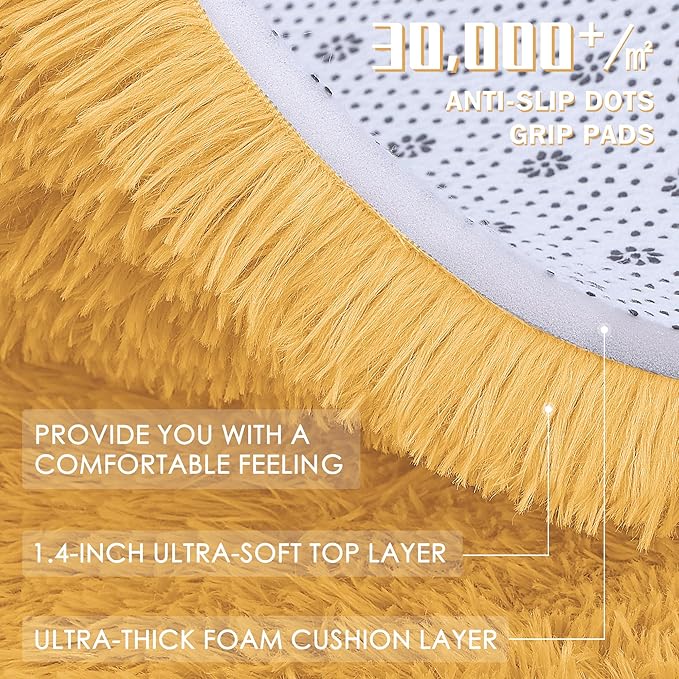 OLANLY Mustard Yellow Round Rugs for Bedroom - Machine Washable, 6 ft Circle Area Rugs for Living Room, Soft and Fluffy Shaggy Carpet for Teen Girl and Boys, Nursery Rooms, Dorms, Home Decor Aesthetic