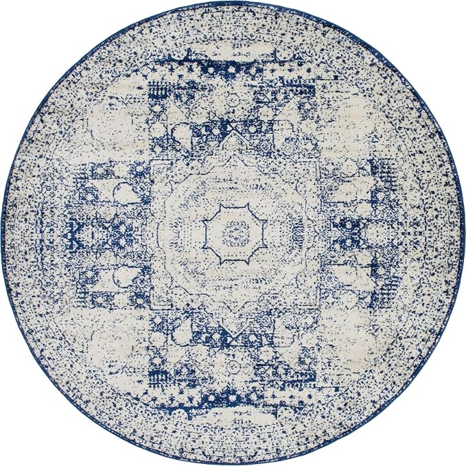 Unique Loom Bromley Collection Area Rug - Wells (8' Round, Ivory and Blue/ Ivory)