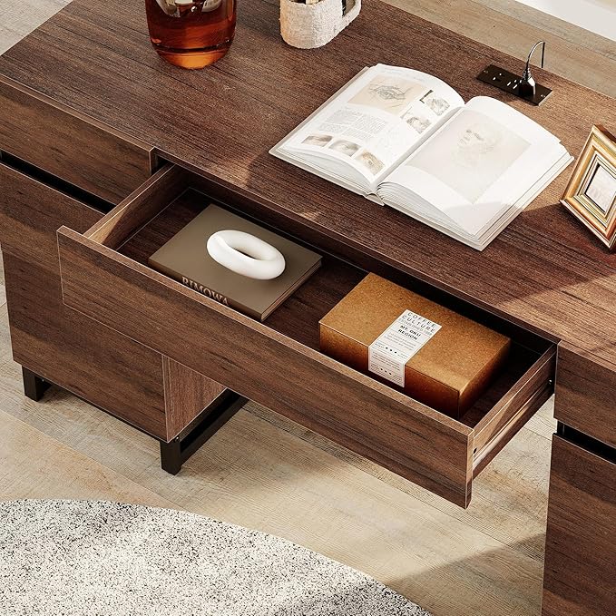 WAMPAT 59" Modern Executive Desk with Drawers, Home Office Computer Desk with Charging Station, File Drawer, Storage Cabinet, Wood Writing Desk for Work and Study, Dark Brown