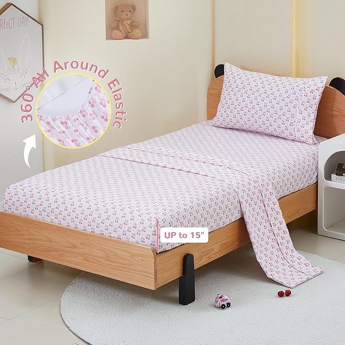 Viviland 3 Pieces Girls Pink Twin Sheet Set - Soft Microfiber Fitted Flat Sheets & Pillowcase - Pink Cherry Bow Print Bedding Sets - for Kids & Toddlers