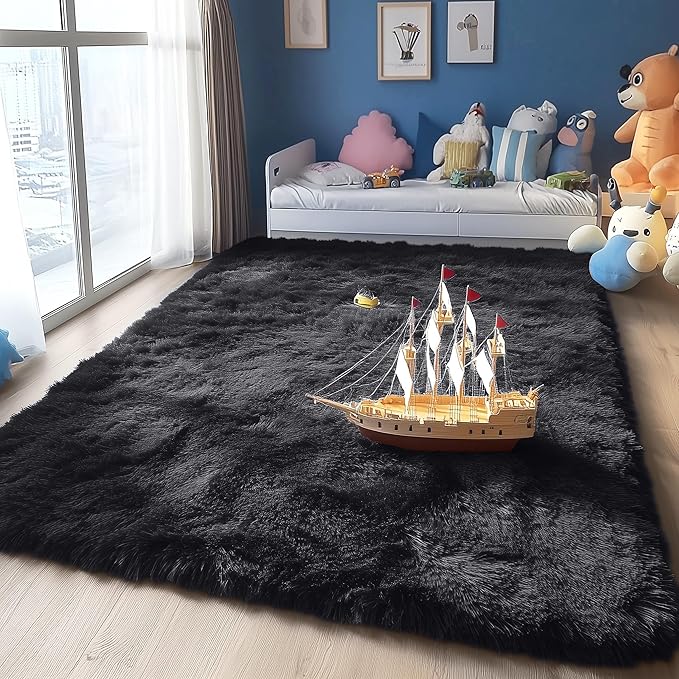 OLANLY 5x6 Area Rugs for Living Room Bedroom, Machine Washable Soft Fluffy Shaggy Bedside Rug, Indoor Floor Carpet for Kids Girls and Boys, Dorms, Nursery Rooms, Home Decor Aesthetic, Black