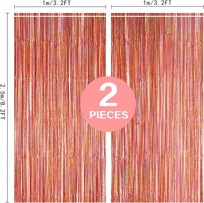 2 Pack 3.2ft x 8.2ft Rose Gold Foil Fringe Curtain Backdrop, Metallic Tinsel Foil Fringe Streamer Curtains Photo Booth Props, Ideal for Bachelorette Birthday Christmas New Year Party Decorations
